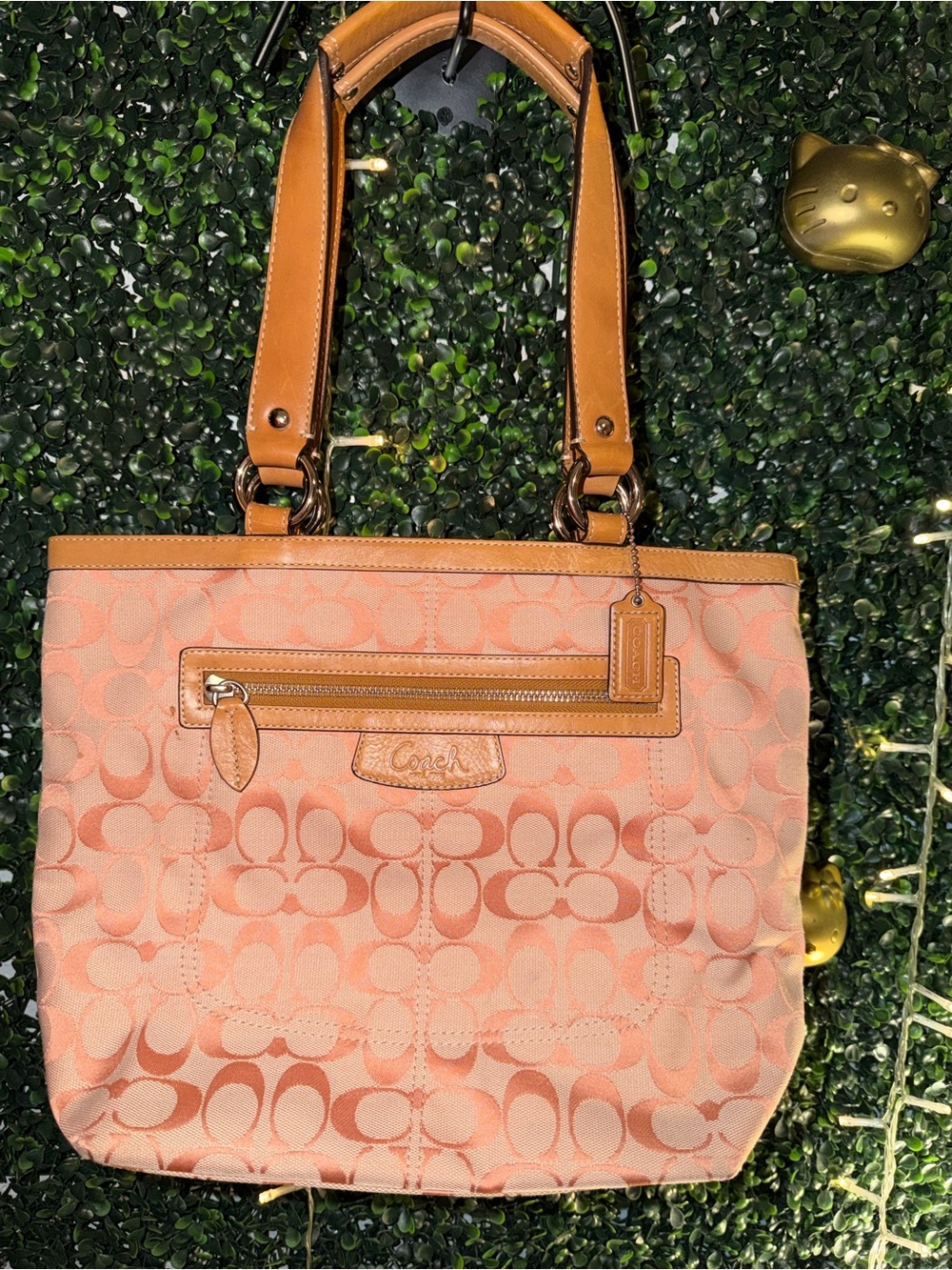 Coach Penelope Signature Tote Bag in Peach with Tan Leather Trim